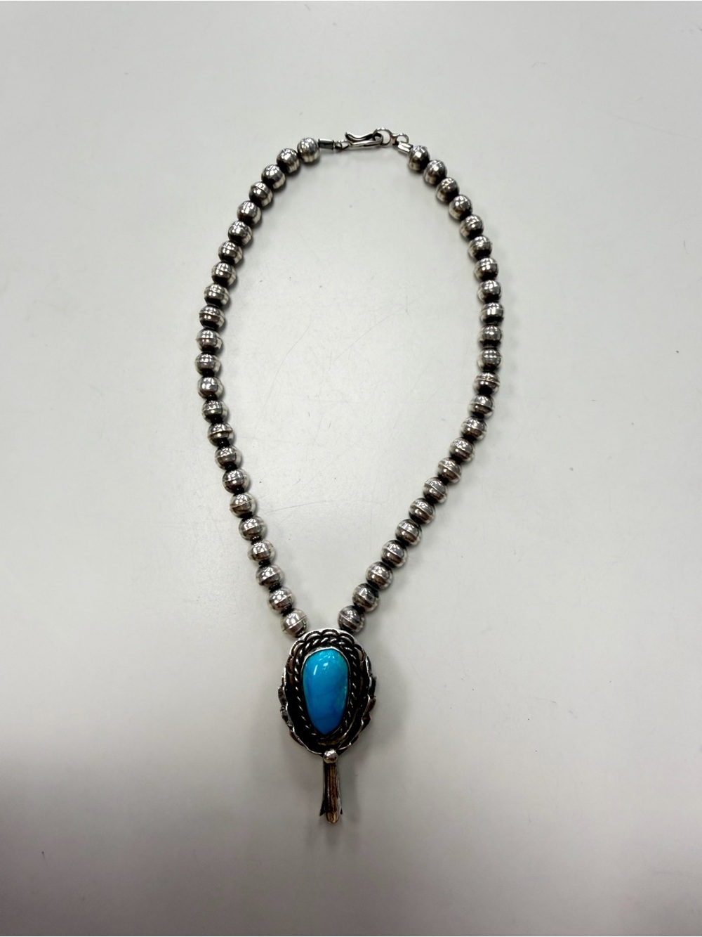Vintage Navajo Squash Blossom Necklace with Genuine Turquoise